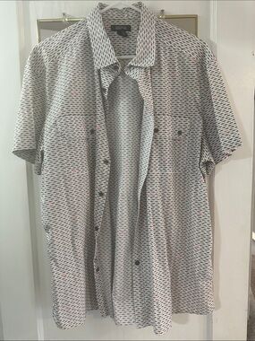 Kenneth Cole Reaction White Shirt with Black Shark Pattern and Red Accents